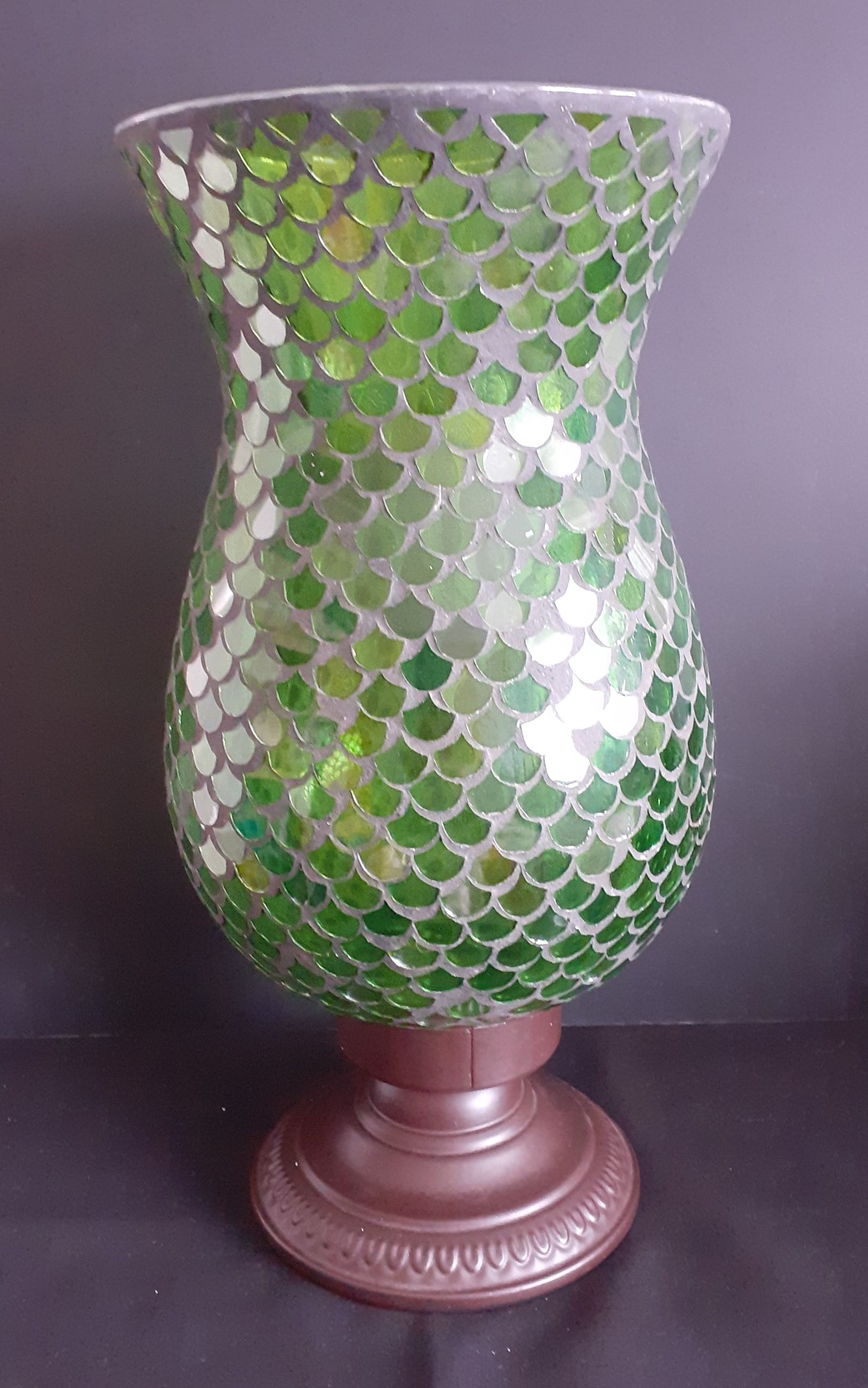 Green glass & metal candle holder